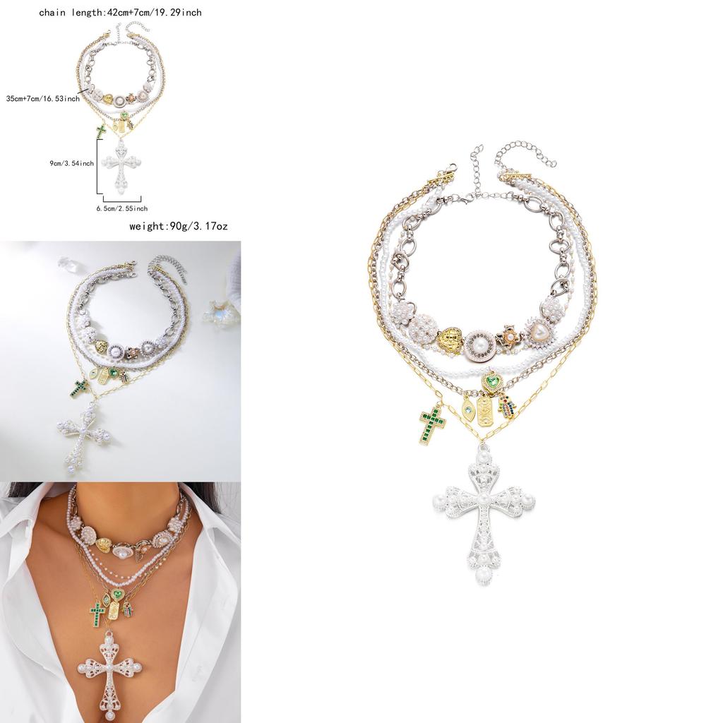 Style Layered Cross Pendant Necklace With Rhinestone Embellishments For Women