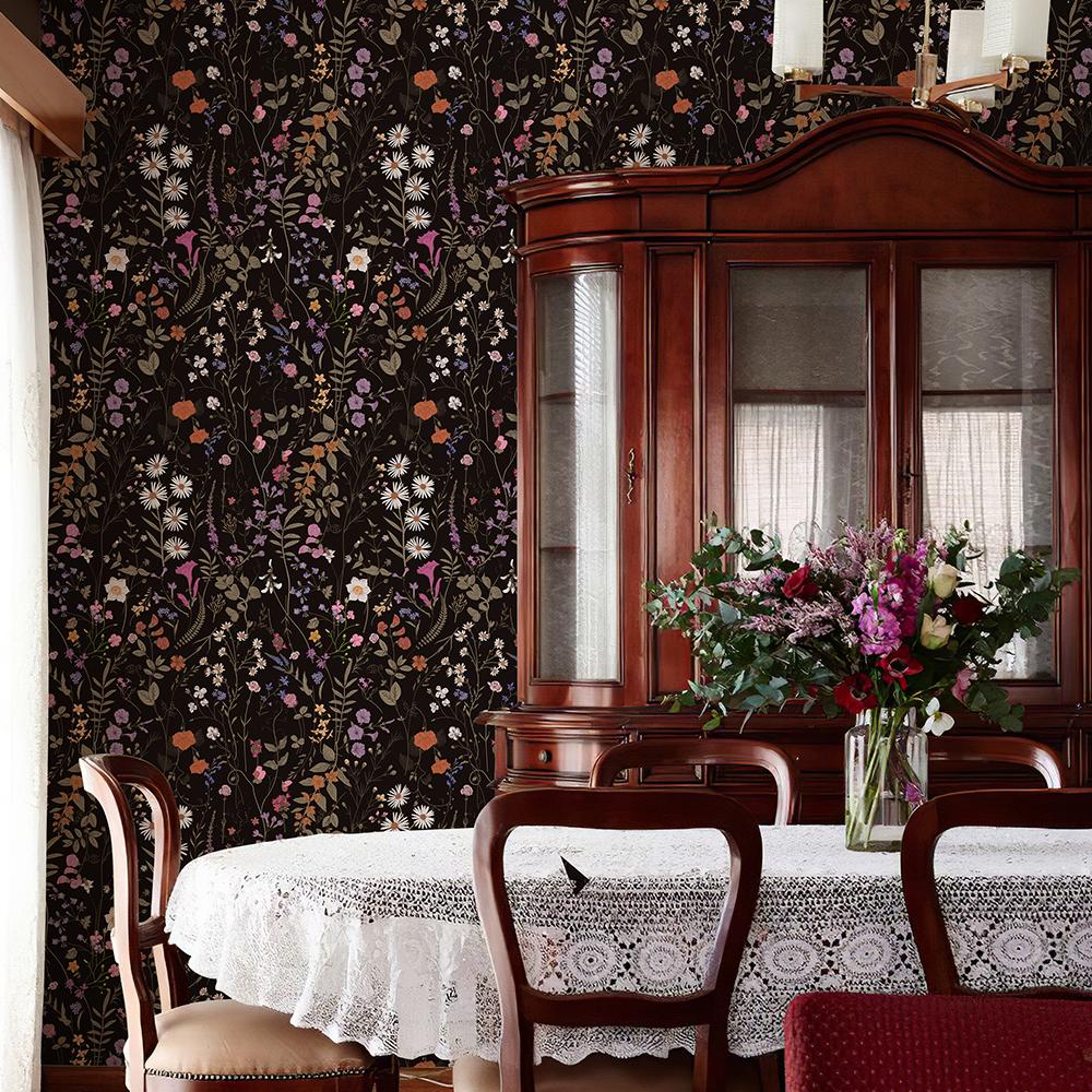 Black Crush Floral PVC Wallpaper Dark Flower Leaves Furniture Renovation Stickers Classic Waterproof Vinyl Bathroom Decor