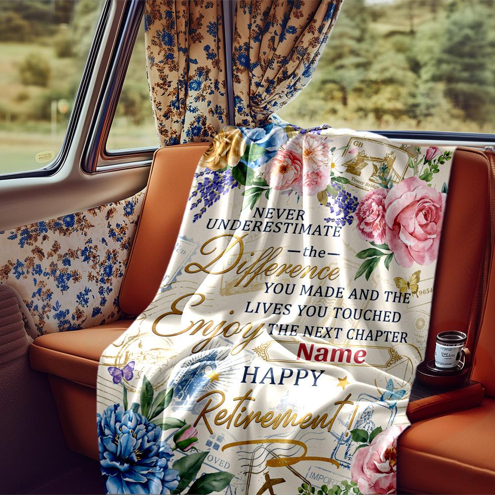 Retirement Celebration Floral Theme Blanket Personalized Name Soft Comfortable Stylish Blanket Car Blanket Perfect For Travel Camping Outdoor Home
