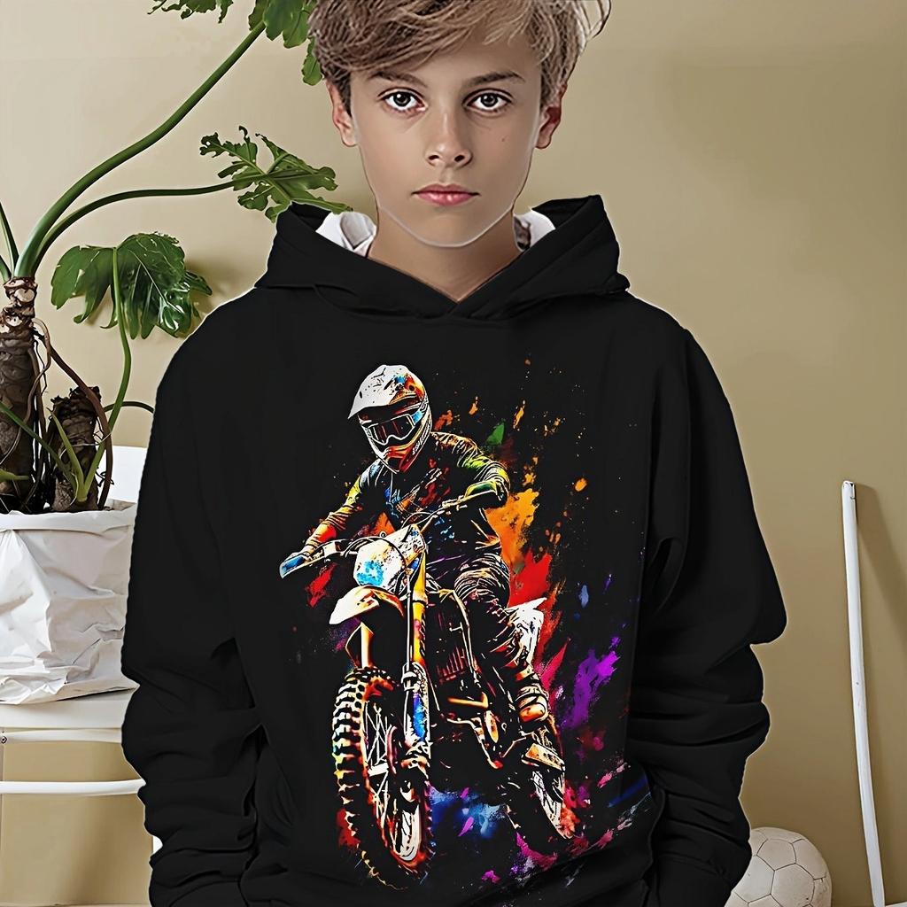 Boys' Colorful Motorcycle Rider 3D Printed Long Sleeved Hooded Sweatshirt, Boys' Spring and Autumn Sportswear