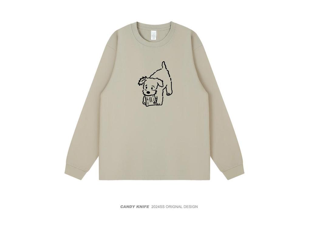 Korean Style Cute Cartoon Puppy Print Retro Cuffed Long Sleeve Couple T-Shirt - Pure Cotton Top