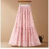 Qooth Retro Women Floral A Line Pleated Skirt Elegant Wide Hem Mid Length Elastic Waist Skirt QT2644