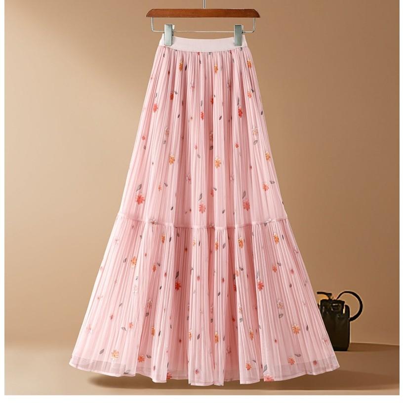 

Qooth Retro Women Floral A Line Pleated Skirt Elegant Wide Hem Mid Length Elastic Waist Skirt QT2644 One Size розовый