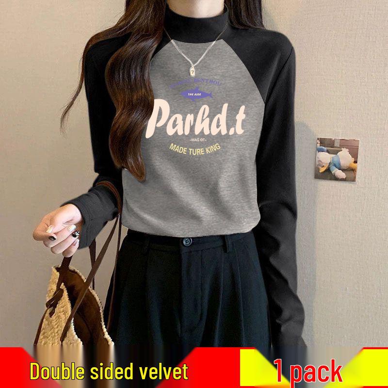 

Женская зимняя базовая футболка из немецкого бархата с цветными блоками, полувысоким воротником, теплая, облегающая, эластичная XL (115-130 jin)