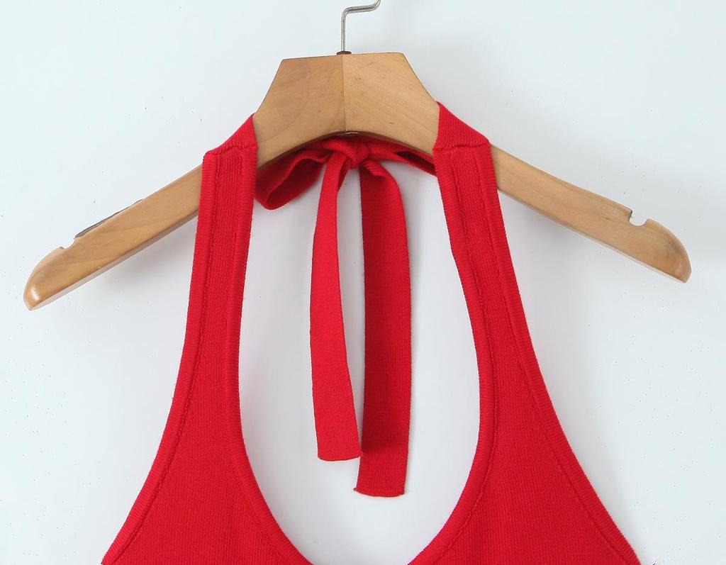 SAW American Style Red Spicy Girl Metal Strap Halter Waist-Cinching Bodycon Dress