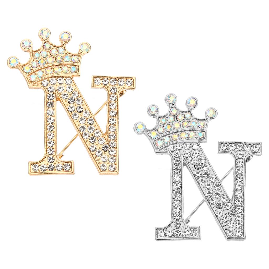 2pcs Letter Brooch Pins Crown Initial Rhinestone Alphabet A-W Letter Lapel Badges Pin for Women Suits Dress Coat Clothes Craft