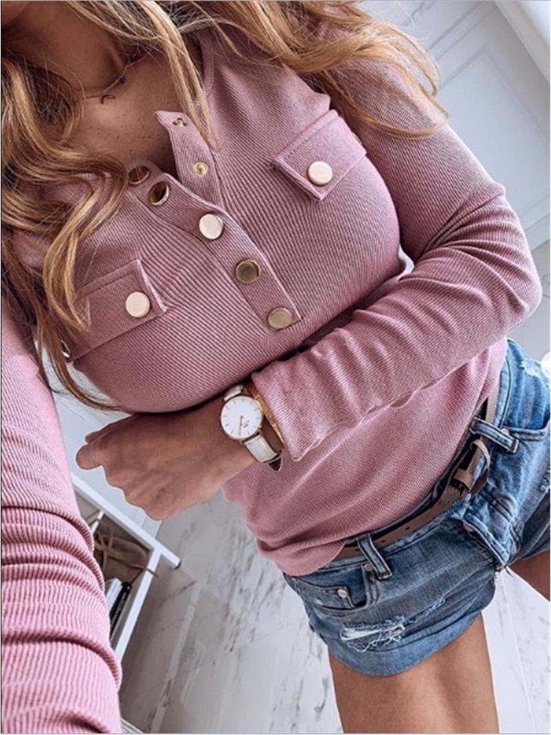 

Европейская и американская женская повседневная футболка с длинным рукавом на пуговицах - Приталенный топ большого размера однотонного цвета для осени XXL розовый