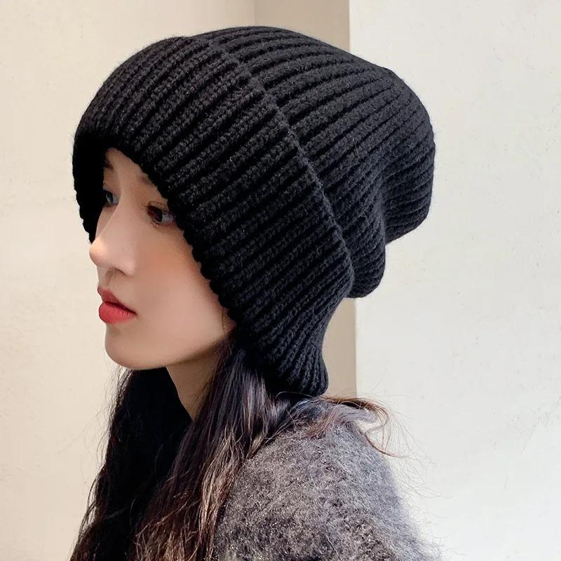 Winter Hat for Women Solid Color Stripe Knit Beanies Loose Elastic Heap Heap Cap Warm Thicken Bonnet Fashion Woolen Pullover Cap Outdoor Knitted Cap