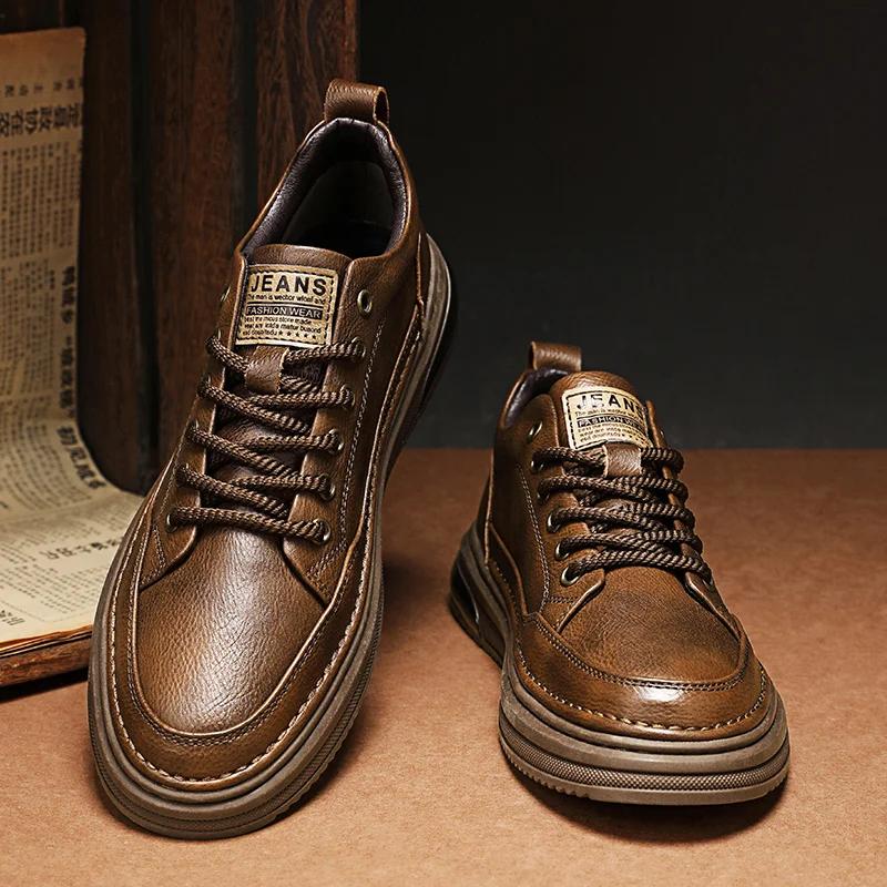 Fashion Genuine Leather Men Casual Shoes Non-Slip Leisure Walk Sneakers Fashion Driving Walking Tennis Shoes for Man Outdoor Skate Flats