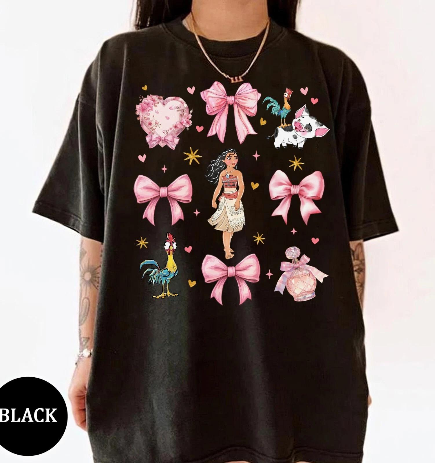 Disney Moana Maui Hei Hei and Pua Pink Coquette Bows Unisex Adult Kid Tee L