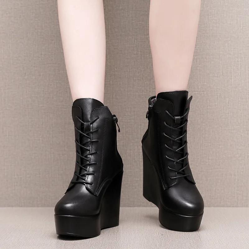 10cm 12cm Small Size 33-43 Fashion Platform Wedges Shoes Women Boots Leather 2025 High Heels Motorcycle Ankle Boots Office Mom