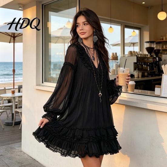 Lotus Leaf Collar Dress Women's Summer Mini Dress Sheer Mesh Long Sleeve