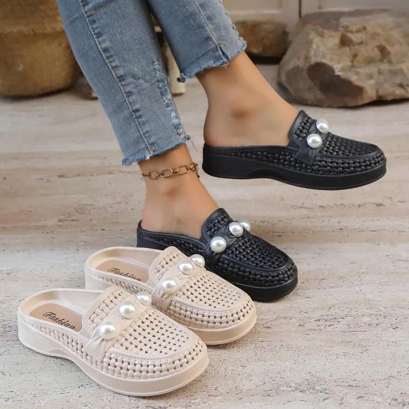 2025 Summer  Mesh Braided Women's Shoes Fashionable Breathable Toe Slippers Casual Women's Toe Wedge Sandals Pantuflas De Mujer
