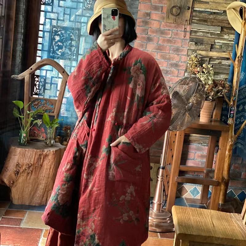 Johnature Paltoane vintage pentru femei cu imprimeu din in stil chinezesc de primăvară cu mâneci întregi largi retro, cu gâtul în formă de bumbac, parkas calde