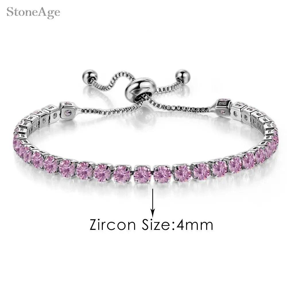 Pink Crystal Tennis Bracelets for Women Female Trend Romantic Shiny Zirconia Adjustable Folding Buckle Chain On Hand Jewelry