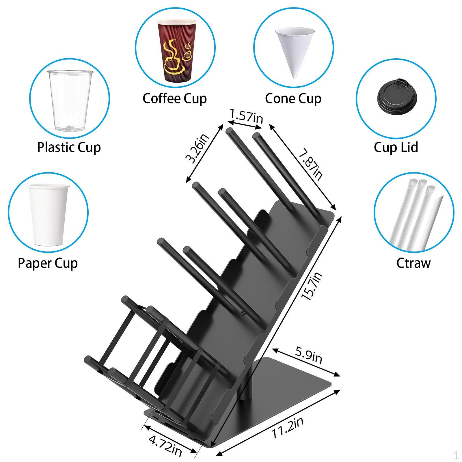 

Paper Cup and Lid Holder Storage Rack Black Carbon Steel Sturdy Dispenser Organizer for Countertop
