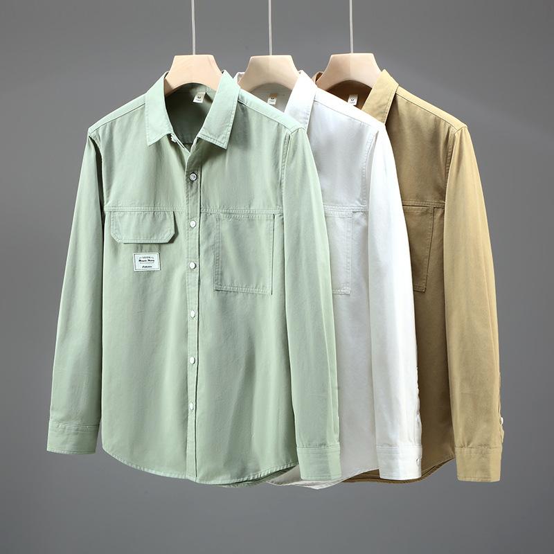 Spring and Summer Green Long Sleeve Shirts for Men Japanese Fashion Cargo Shirt 100 Cotton Casual Tops Double Pockets Thin Men Jackets