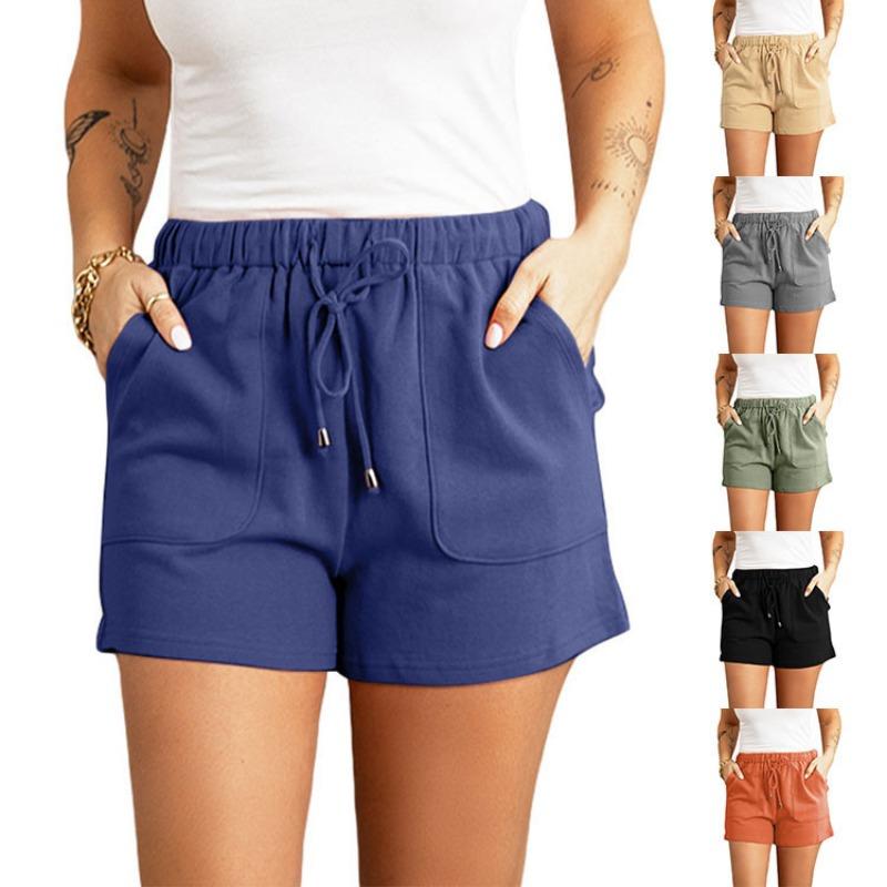 Women Solid Color High Waist Loose Straight Drawstring Casual Summer Shorts