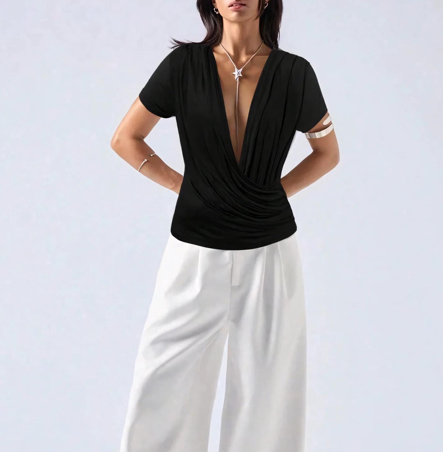 

European and American Women s Sexy Black Deep V-Neck Short-Sleeved Cross Top XXL чёрный
