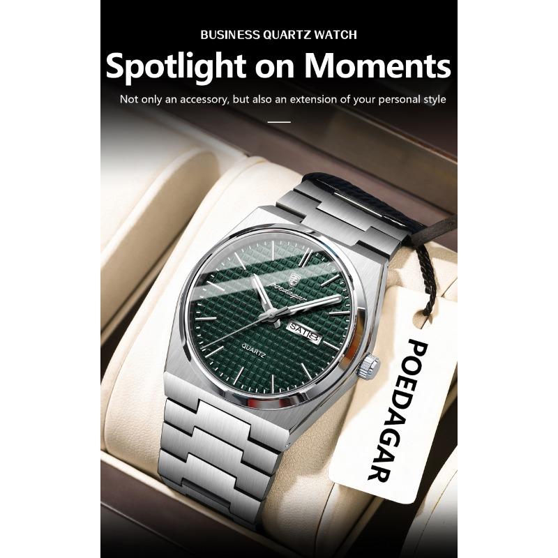POEDAGAR Luxury Business Men's Quartz Watches Date Week Man Stainless Steel Watch Waterproof Luminous Fashion Wristwatch+Box