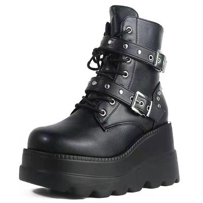 Woman Platform Boots Fashion PU Leather Wedges Thick Sole Black Ankle Boots Designer Comfort Party Boots