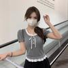 Girly age-reducing Korean sweet bow short-sleeved T-shirt women's summer new fake two-piece short top