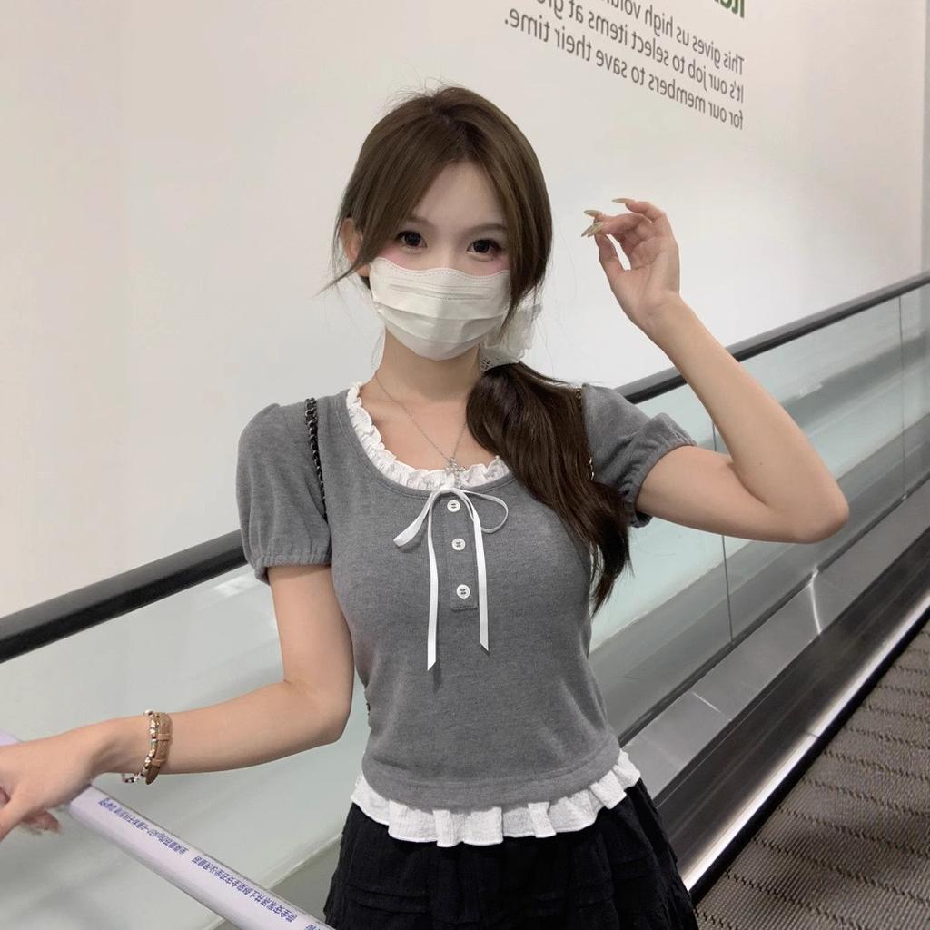 Girly age-reducing Korean sweet bow short-sleeved T-shirt women's summer new fake two-piece short top