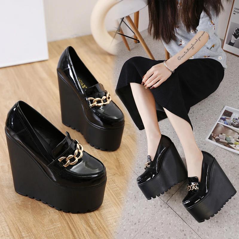Fashion New muffin bottom women's shoes wedge heel round head 16CM super high heel shoes fashion patent leather increase women's shoes