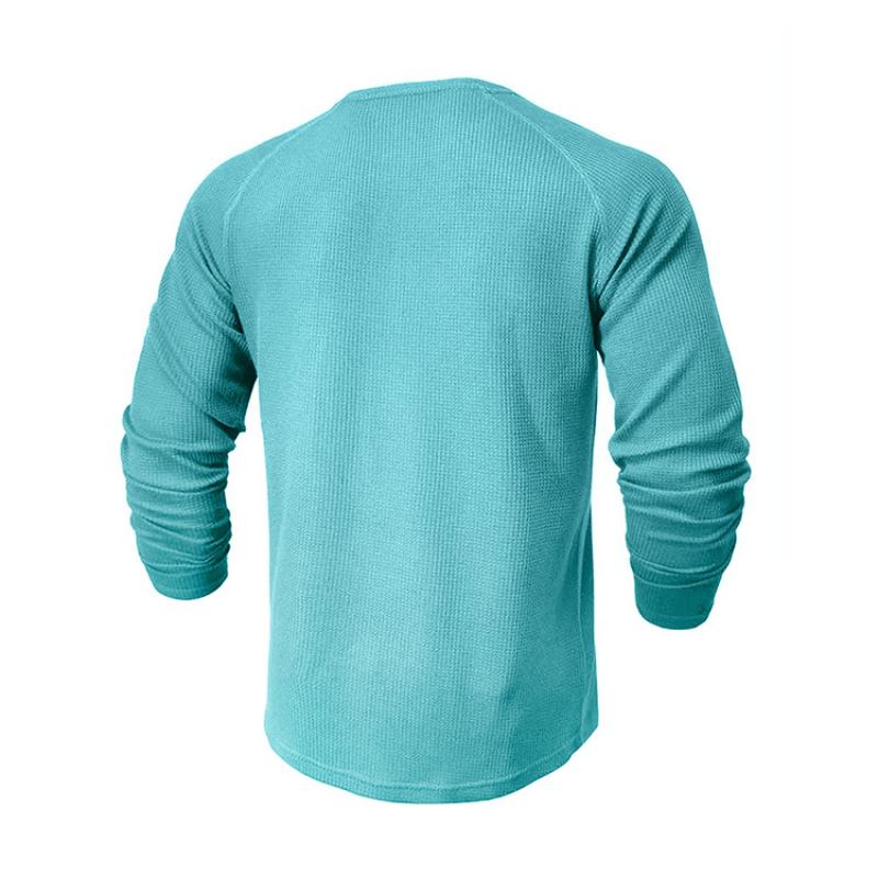 Męskie koszulki polo henley z dzianiny waflowej, z długim rękawem, gładkie, codzienne, sportowe, topy