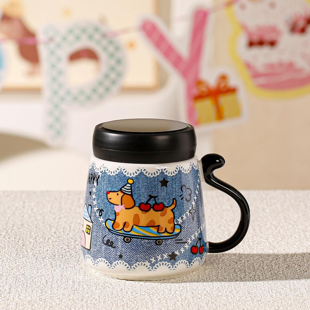 Cartoon Cat Cute Ceramic Mug with Mirror Lid Drinking Cup High Looking Souvenir Fireworks Tea Cup
