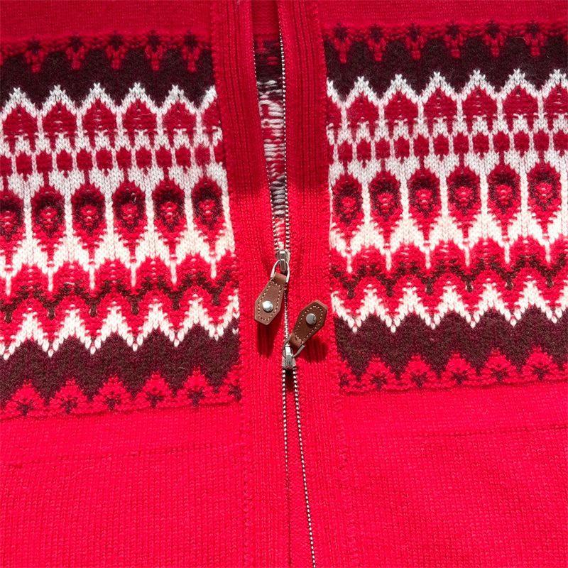 Women's Pure Cashmere Fair Isle Zip-Up Cardigan Sweater, Long Sleeve, Stand Collar, New Year Red