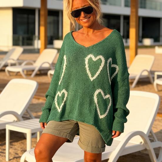 Women Sweater V-Neck Long Sleeve Heart Pattern Knitting Tops Loose Fit Commuting Style Spring Autumn Casual Sweater