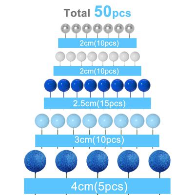 50pcs Blue Series Ball Cake Topper Sequin Foam Ball for Cake Decorating for Baby Shower Cake Birthday Cake Toppers Decorations