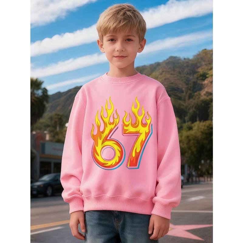 Kids Unisex Round Neck Sweatshirt Featuring a Dynamic Flame Design with The Number 67, Stylish And Casual with a Unique Print