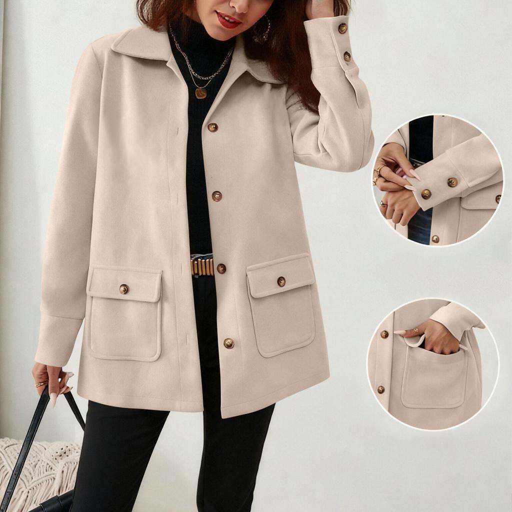 Damen Freizeit Wollmantel mit Stehkragen, Langarm, Knopfleiste und Taschen