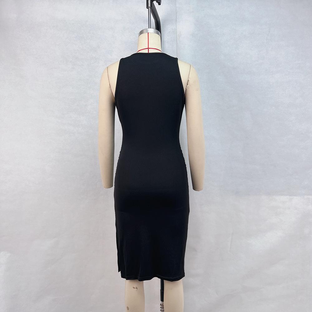 Women's Summer Round Neck Sleeveless Waist Wrap Hip Split Dresses