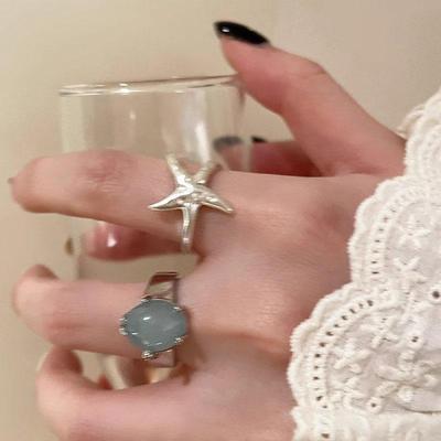 2Pcs/Set Sweet Starfish Blue Zircon Open Rings For Women Girls Ocean Style Simple Star Finger Ring Aesthetic Jewelry Y2K