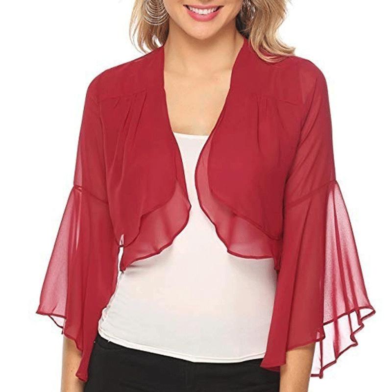 Cardigan da Donna a Maniche Lunghe Scollo a O Stile da Pendolare Coprispalle in Chiffon Monocolore Bolero Top Casual