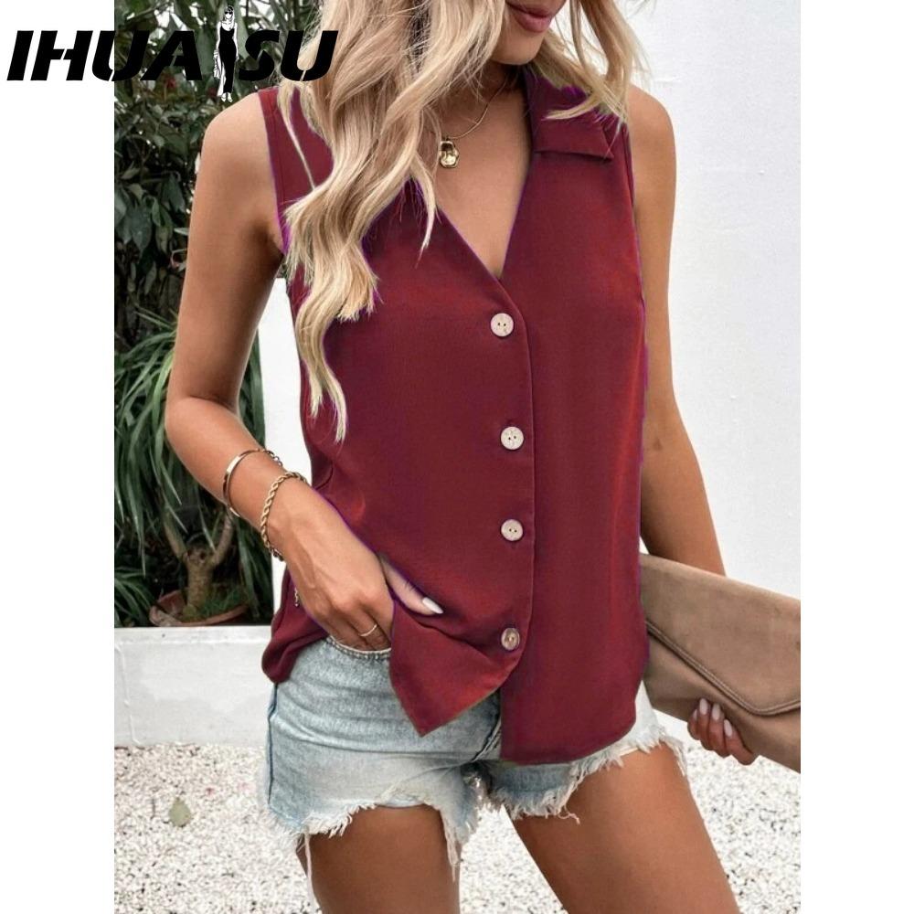 IHUASU Women's Fashion Casual Solid Color Print Sleeveless V Neck Blouses & Shirts