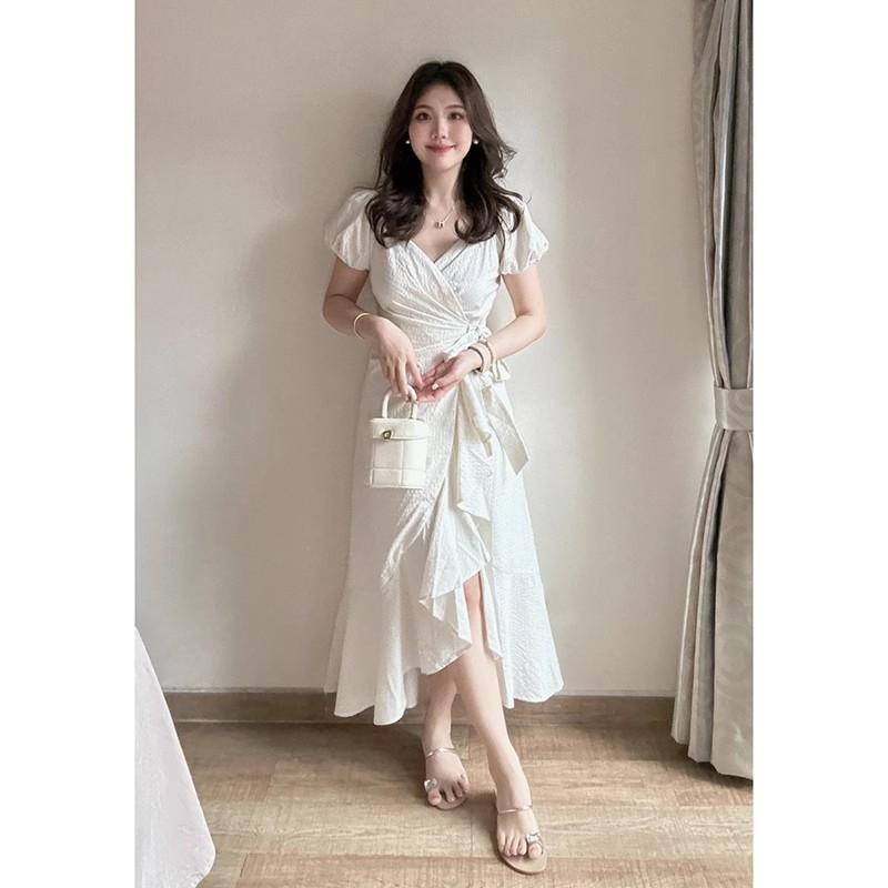 Summer French High-end Temperament Dress Women's Large Size Slightly Fat Mm Thin Waist Strap Ruffle Edge Fishtail Skirt