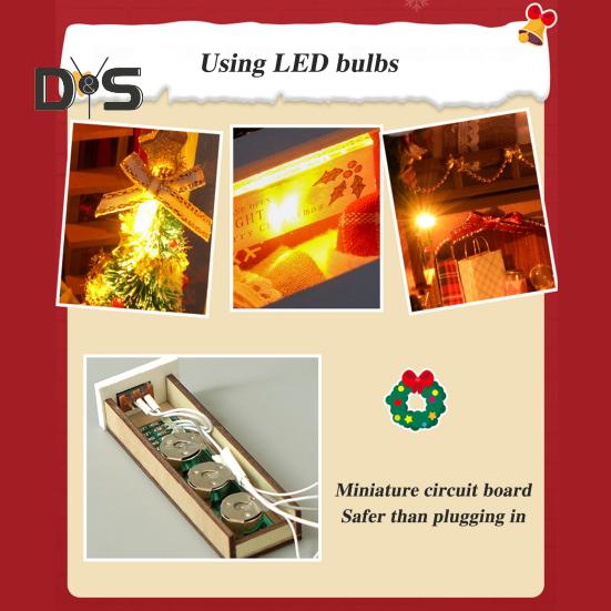 Kit de mini maison à thème de Noël à faire soi-même avec meubles lumineux à LED pour enfants et adultes, petite maison faite à la main, modèle de maison de poupée, serre-livres, étagère, décoration