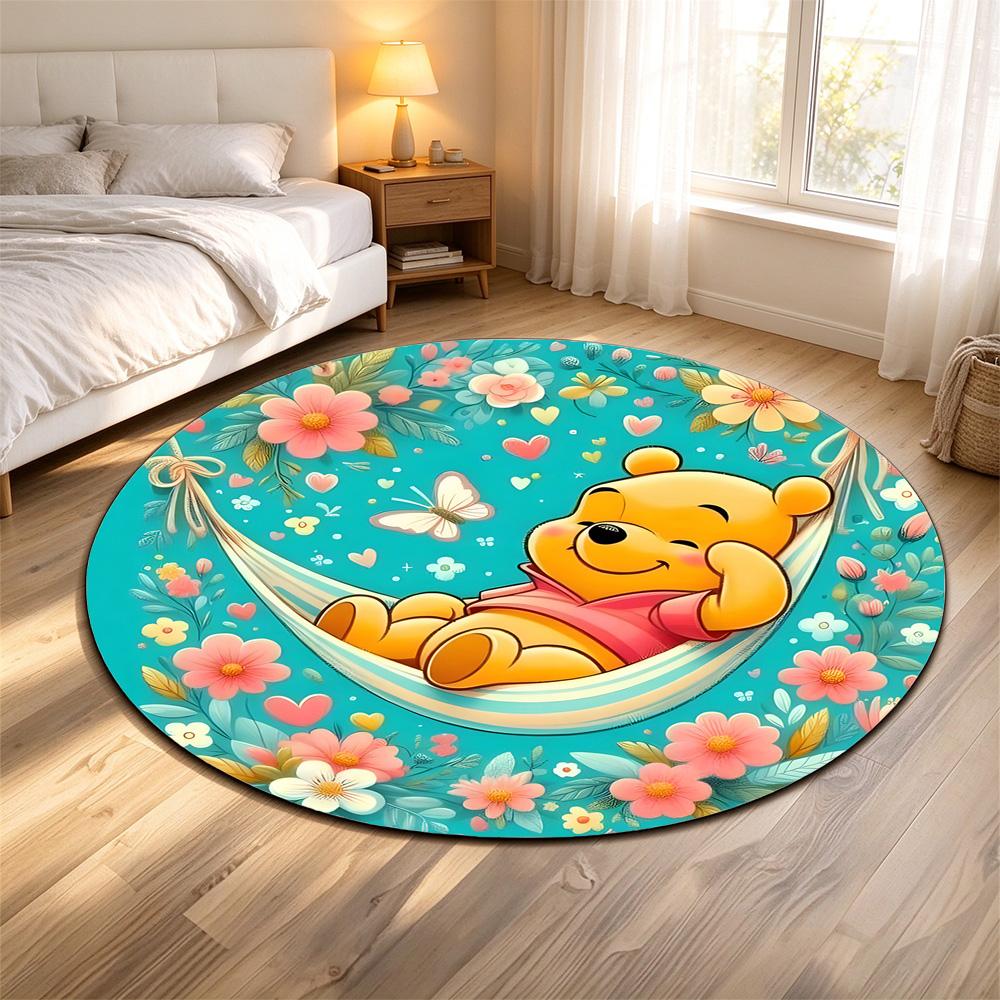 Round Rug Winnie the Pooh Napping Striped Hammock Pink Flowers Butterfly Teal Cartoon Decor