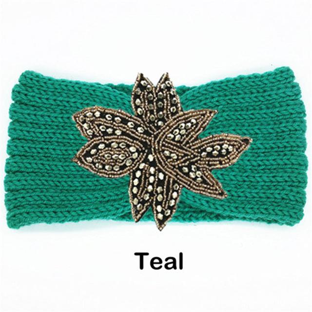 Crystal Beaded Flower Knit Headband For Women Winter Wool Ear Warmer Hairband Turban Headwrap Hair Accessories Bandeau