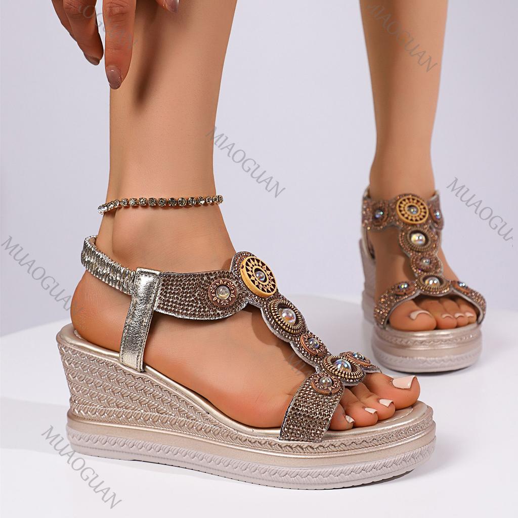 Fashion Crystal Decor Wedge Sandals for Women Bohamian Style Chunky Platform Sandalias Femmes Summer Thick Bottom Beach Sandales Shoes