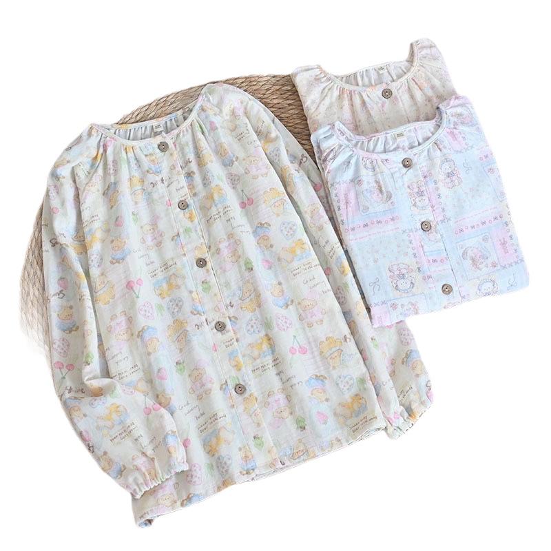 100% Pure Cotton Double-layer Gauze Cartoon Lapel Cardigan Pajamas Women's Spring and Autumn Loungewear Can Be Worn Loose 1011