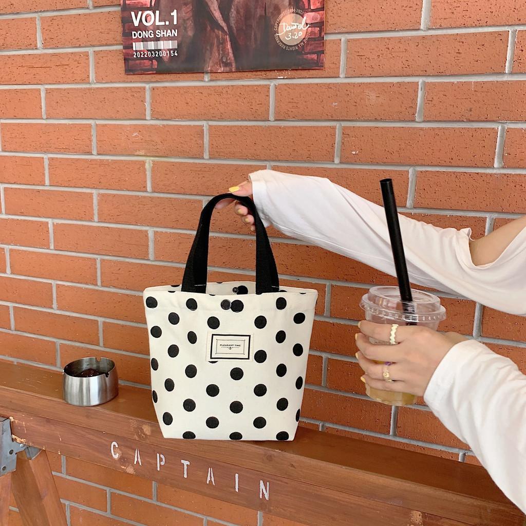 Trendy Polka Dot Canvas Tote Bag Large Capacity Soft Lock Closure