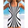 Summer Beach Pool Wear Geometric Pattern Printed One Piece Boy Short Swimsuit Women Athletic Slim Fit Bathing Suit