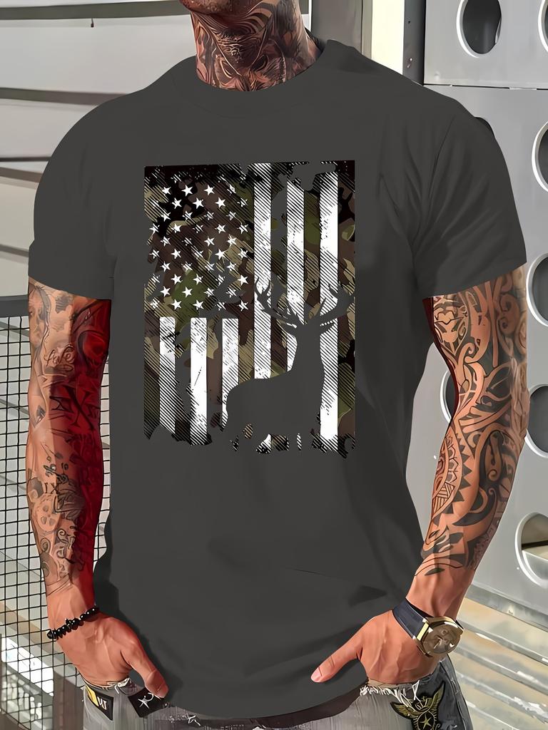 Patriotic Deer Print T-Shirt - 95%  5% Spandex, Crew Neck, Short Sleeve, Regular Fit - Summer Knit Fabric Tee, 180gsm