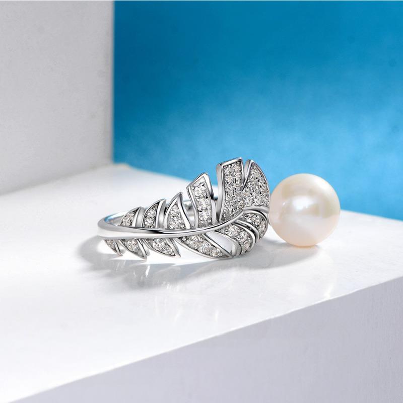 Gica Gema 100% 925 Sterling Silver Sparkling High Carbon Diamond Feather 8mm Pearl Rings For Women Engagement Party Fine Jewelry