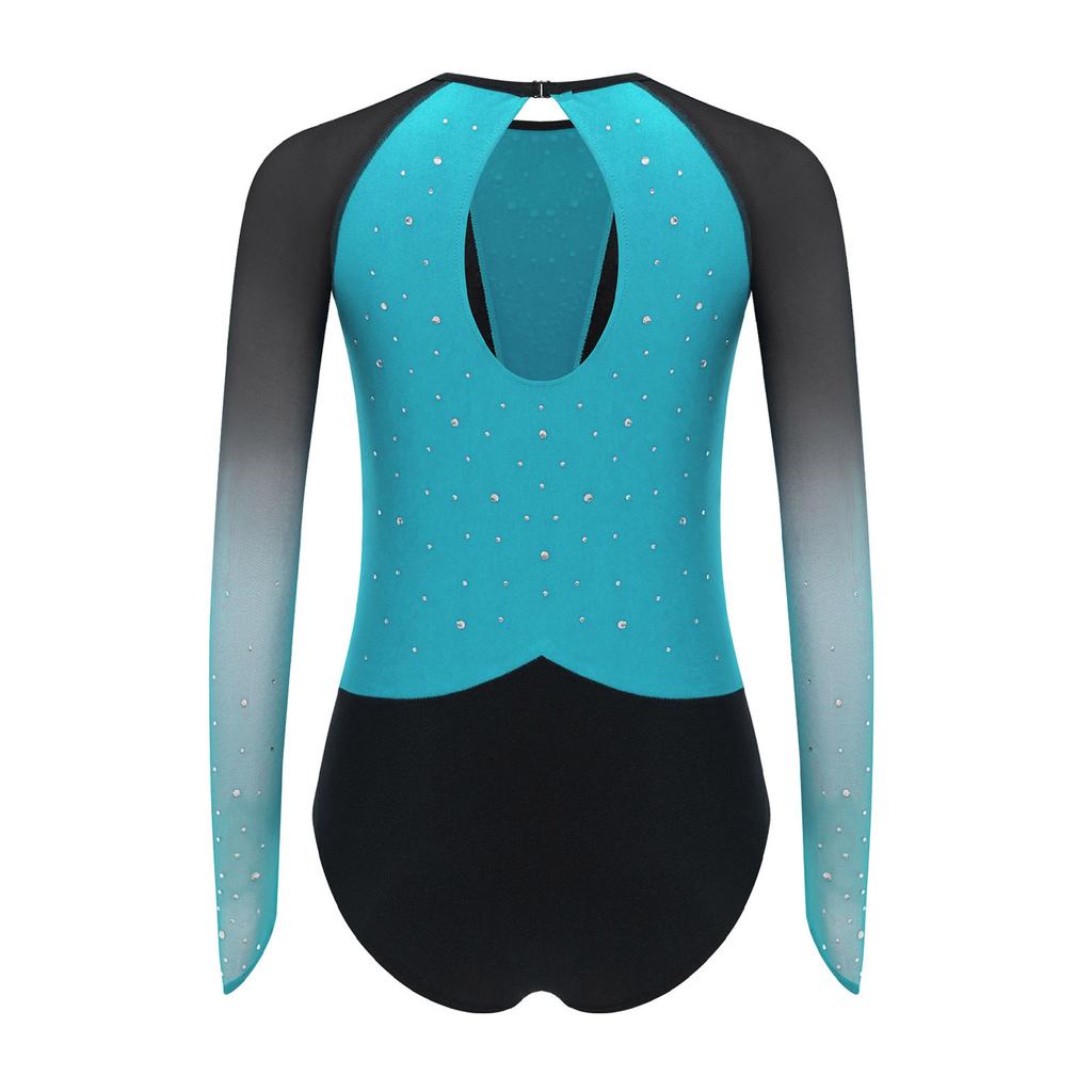 Costum de Gimnastică și Dans pentru Fete cu Mâneci Lungi din Plasă, Decolteu la Spate, Strălucitor cu Strass-uri, Leotard Color-Block